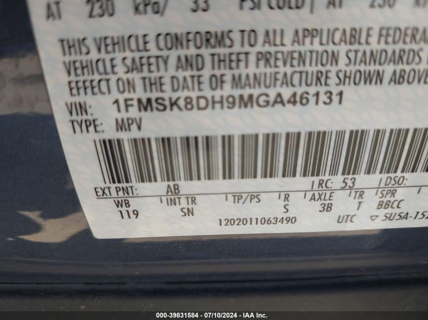 2021 Ford Explorer Xlt VIN: 1FMSK8DH9MGA46131 Lot: 39831584