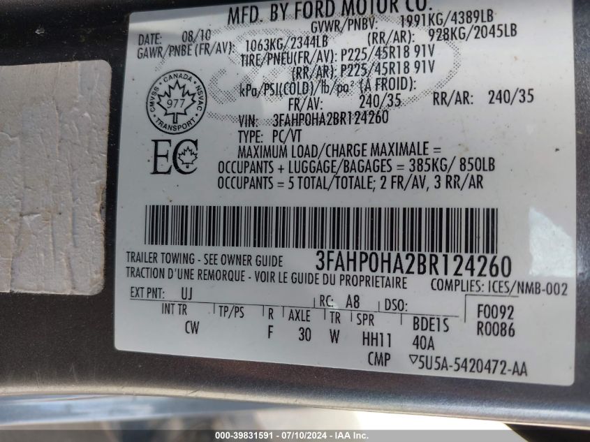 2011 Ford Fusion Se VIN: 3FAHP0HA2BR124260 Lot: 39831591