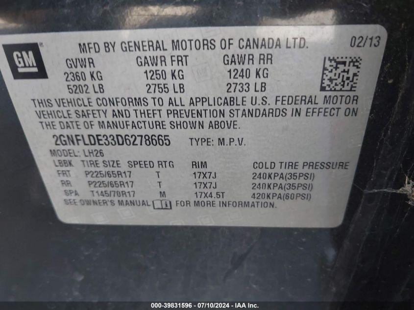 2013 Chevrolet Equinox Lt VIN: 2GNFLDE33D6278665 Lot: 39831596
