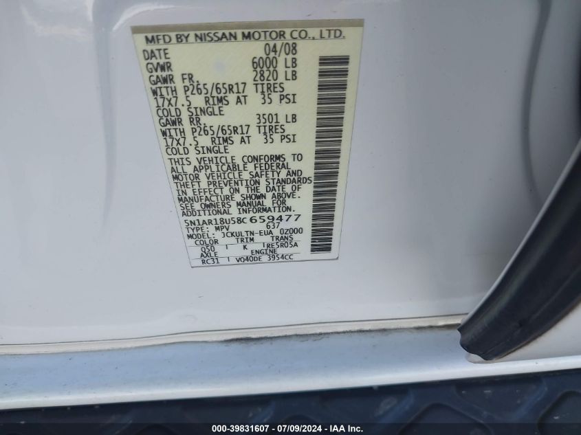 2008 Nissan Pathfinder Se VIN: 5N1AR18U58C659477 Lot: 39831607