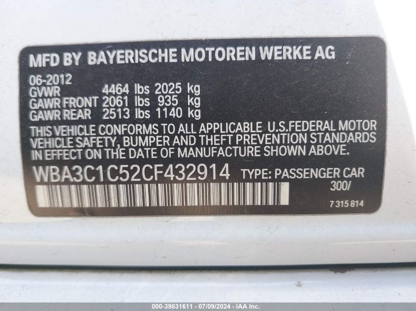 2012 BMW 328I VIN: WBA3C1C52CF432914 Lot: 39831611