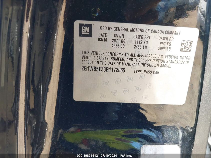 2016 Chevrolet Impala Limited Lt VIN: 2G1WB5E33G1172065 Lot: 39831612