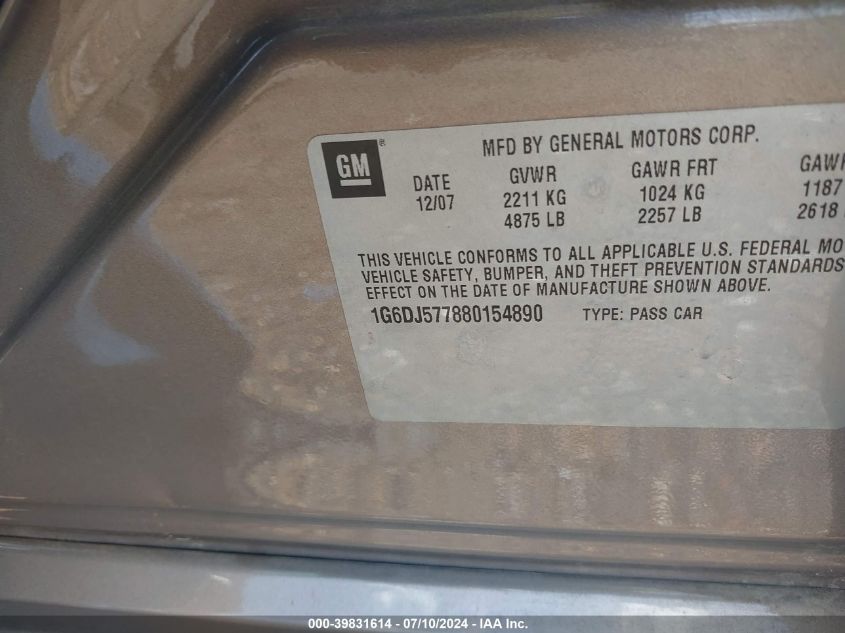 2008 Cadillac Cts Standard VIN: 1G6DJ577880154890 Lot: 39831614