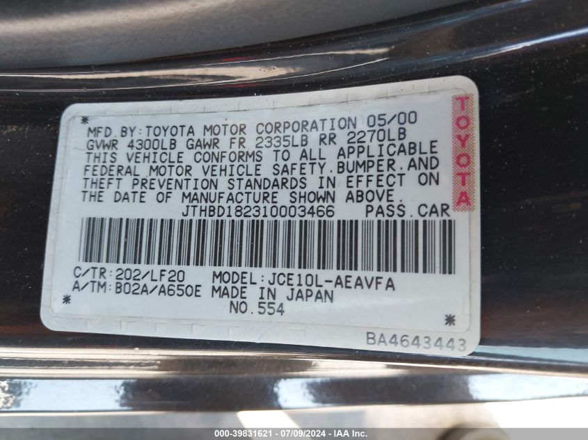 2001 Lexus Is 300 VIN: JTHBD182310003466 Lot: 39831621