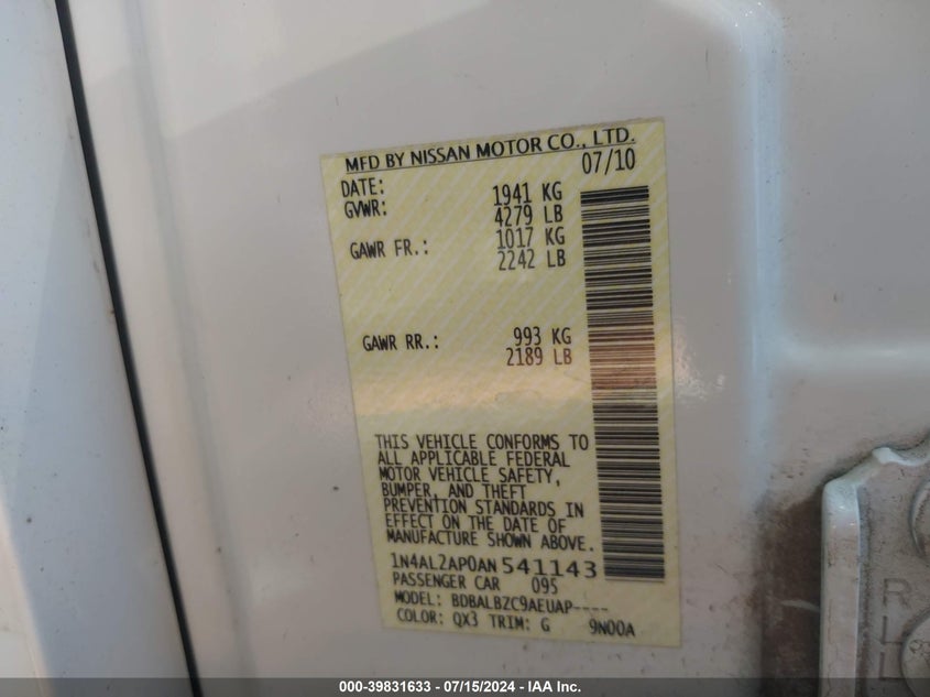 2010 Nissan Altima 2.5 S VIN: 1N4AL2AP0AN541143 Lot: 39831633