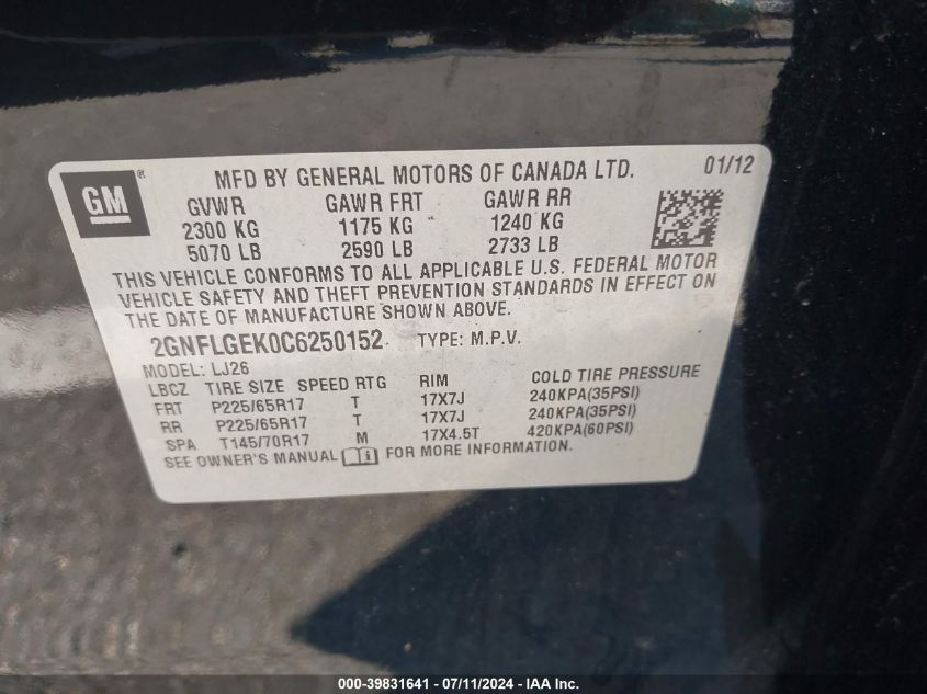 2GNFLGEK0C6250152 2012 Chevrolet Equinox Ltz