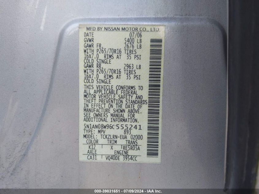2006 Nissan Xterra S VIN: 5N1AN08W96C555241 Lot: 39831651