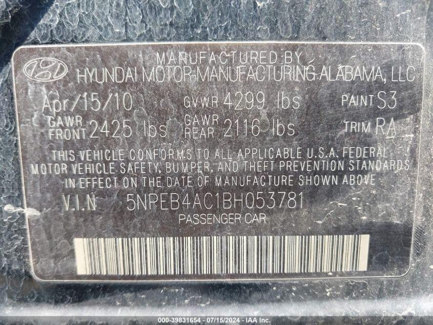 2011 Hyundai Sonata Gls VIN: 5NPEB4AC1BH053781 Lot: 39831654