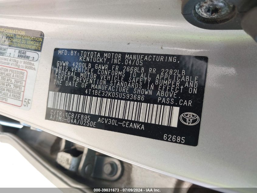 2005 Toyota Camry Le VIN: 4T1BE32K05U593686 Lot: 39831673