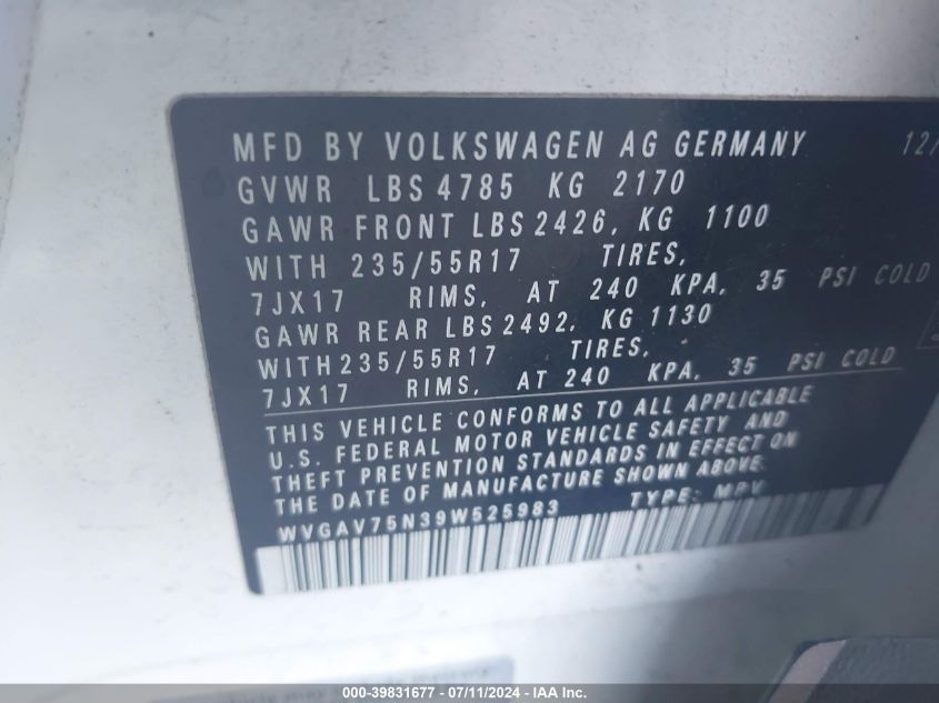 2009 Volkswagen Tiguan Se VIN: WVGAV75N39W525983 Lot: 39831677