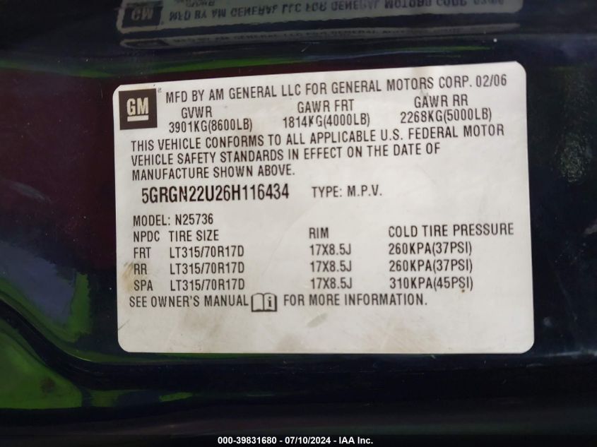 2006 Hummer H2 Sut VIN: 5GRGN22U26H116434 Lot: 39831680