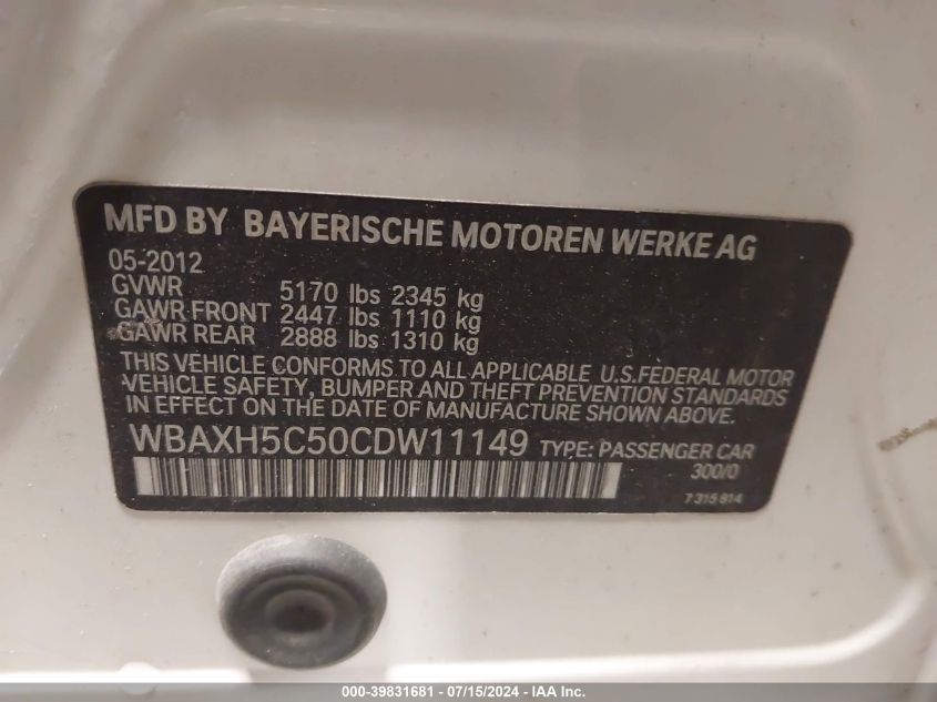 2012 BMW 528I xDrive VIN: WBAXH5C50CDW11149 Lot: 39831681
