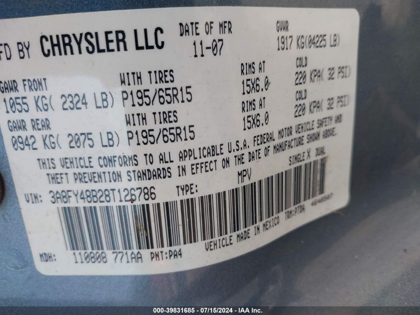 3A8FY48B28T126786 2008 Chrysler Pt Cruiser Lx