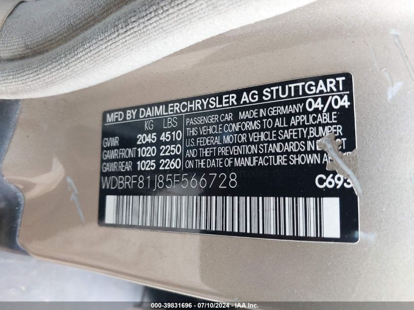 2005 Mercedes-Benz C 240 Luxury 4Matic VIN: WDBRF81J85F566728 Lot: 39831696