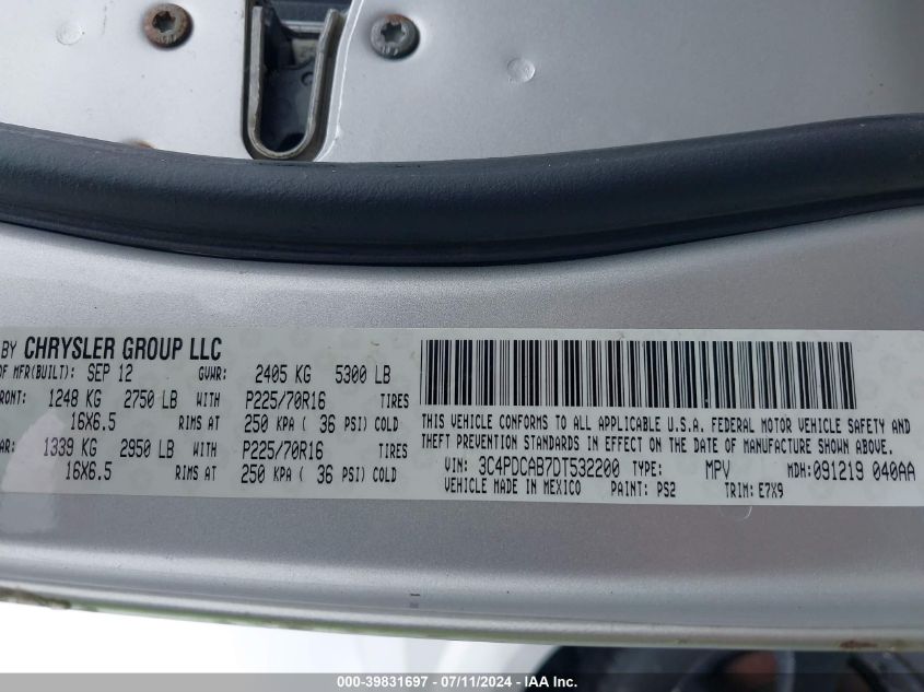 2013 Dodge Journey Se VIN: 3C4PDCAB7DT532200 Lot: 39831697