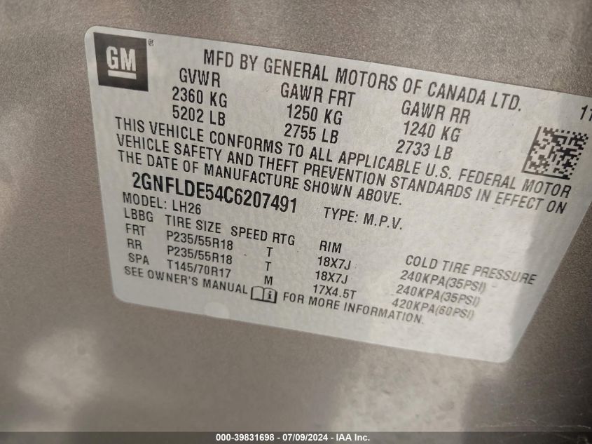 2012 Chevrolet Equinox 1Lt VIN: 2GNFLDE54C6207491 Lot: 39831698