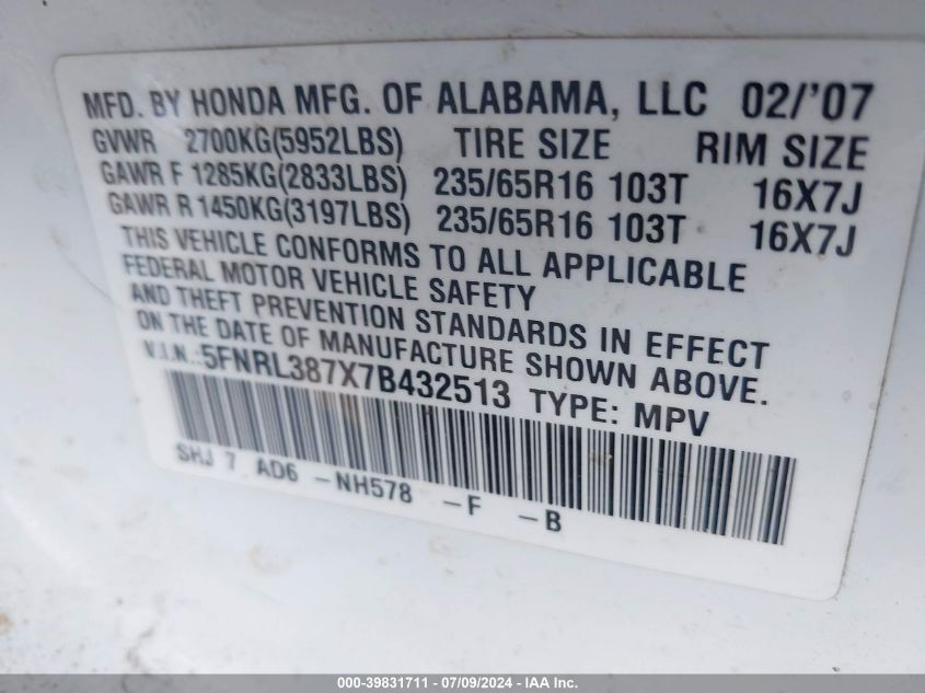 2007 Honda Odyssey Ex-L VIN: 5FNRL387X7B432513 Lot: 39831711