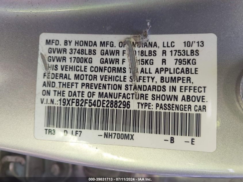 2013 Honda Civic Lx VIN: 19XFB2F54DE288296 Lot: 39831713