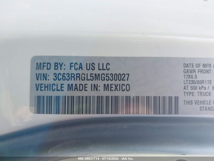 2021 Ram 3500 Tradesman 4X4 8' Box VIN: 3C63RRGL5MG530027 Lot: 39831714