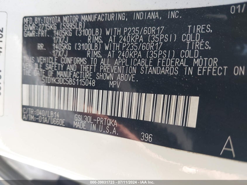 2011 Toyota Sienna Xle V6 VIN: 5TDYK3DC5BS115048 Lot: 39831723