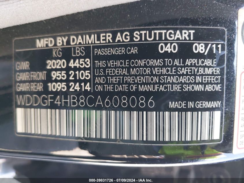 2012 Mercedes-Benz C 250 Luxury/Sport VIN: WDDGF4HB8CA608086 Lot: 39831726