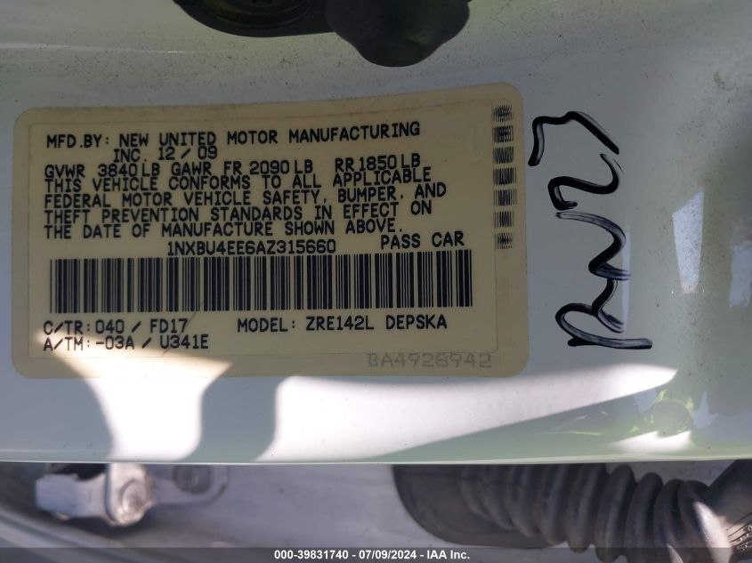 2010 Toyota Corolla S VIN: 1NXBU4EE6AZ315660 Lot: 39831740