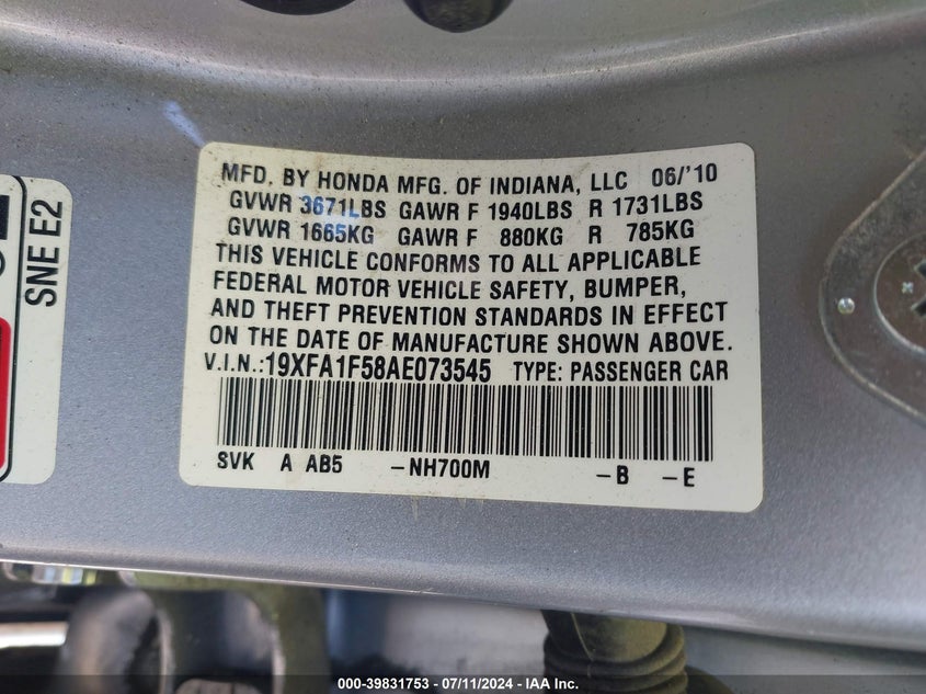 2010 Honda Civic Lx VIN: 19XFA1F58AE073545 Lot: 39831753