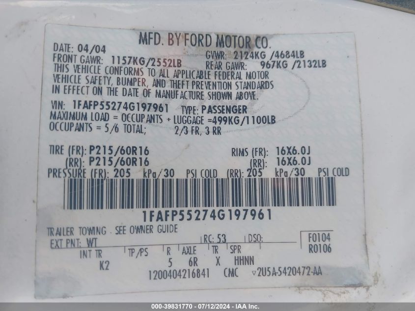 1FAFP55274G197961 2004 Ford Taurus Ses