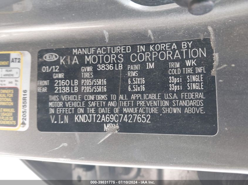 2012 Kia Soul +/!/Sport VIN: KNDJT2A69C7427652 Lot: 39831775