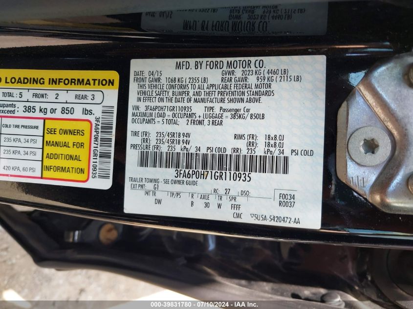 2016 Ford Fusion Se VIN: 3FA6P0H71GR110935 Lot: 39831780