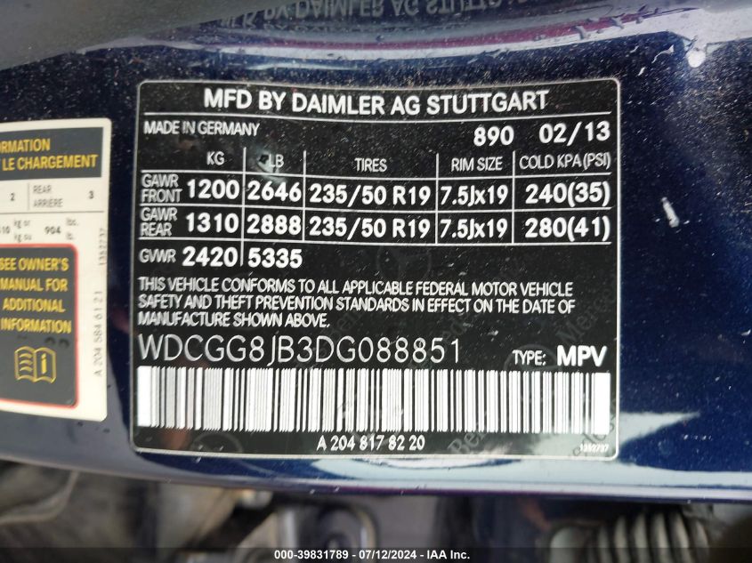 WDCGG8JB3DG088851 2013 Mercedes-Benz Glk 350 4Matic