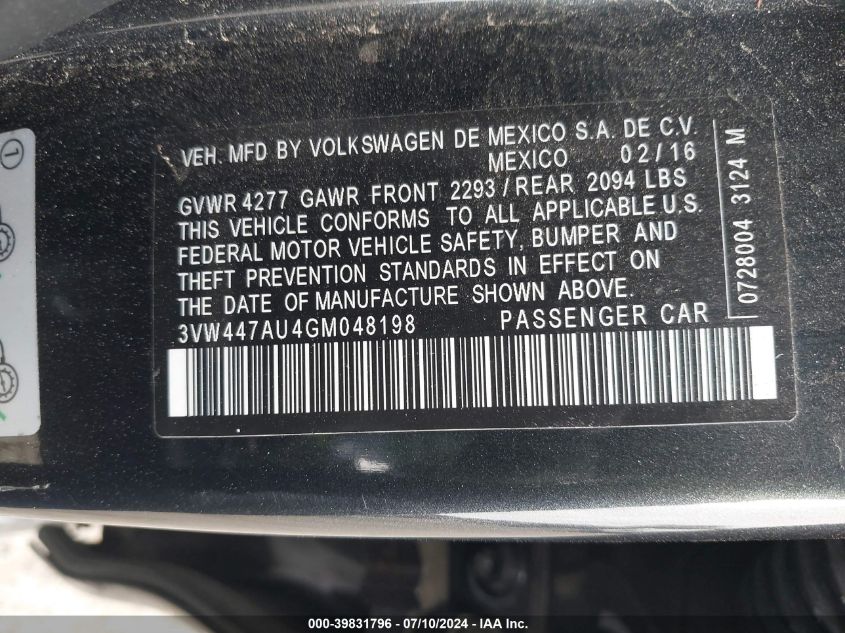 2016 Volkswagen Golf Gti S/Se/Autobahn VIN: 3VW447AU4GM048198 Lot: 39831796