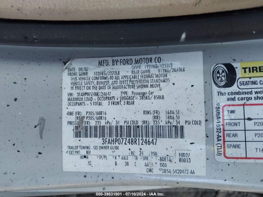 2008 Ford Fusion Se VIN: 3FAHP07Z48R124647 Lot: 39831801