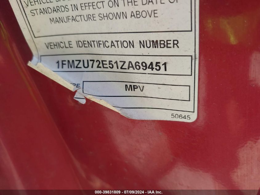 2001 Ford Explorer Xls VIN: 1FMZU72E51ZA69451 Lot: 39831809