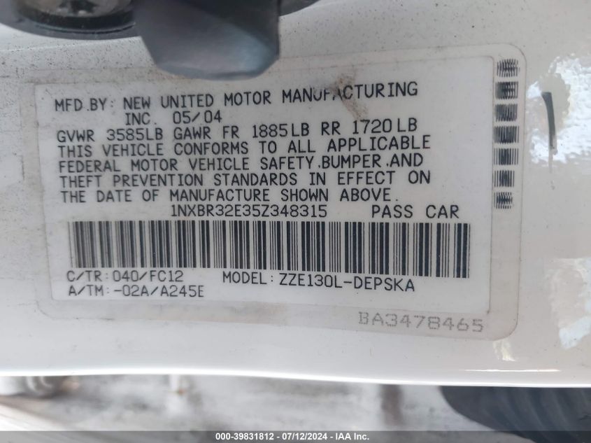 2005 Toyota Corolla S VIN: 1NXBR32E35Z348315 Lot: 39831812