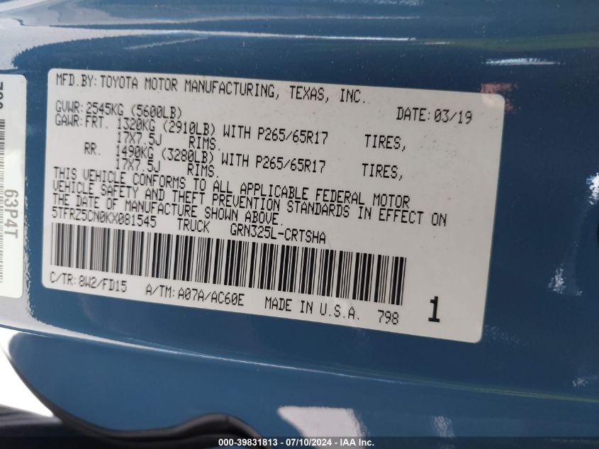 2019 Toyota Tacoma Trd Sport VIN: 5TFRZ5CN0KX081545 Lot: 39831813