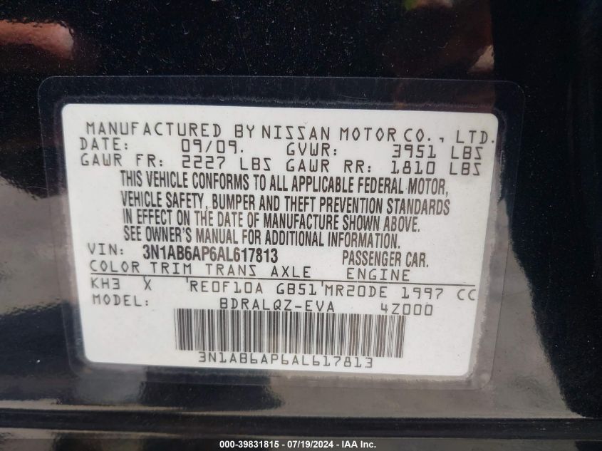 2010 Nissan Sentra 2.0 VIN: 3N1AB6AP6AL617813 Lot: 39831815