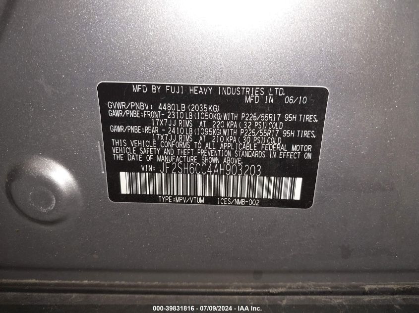 2010 Subaru Forester 2.5X Premium VIN: JF2SH6CC4AH903203 Lot: 39831816