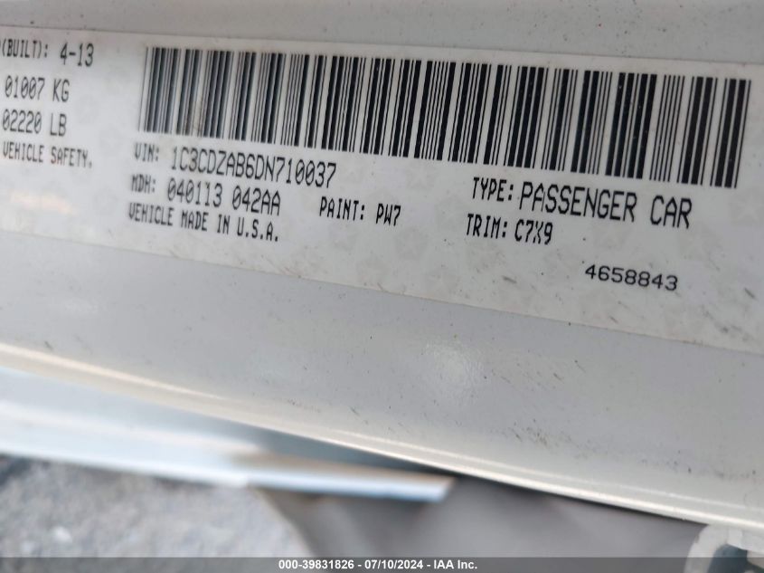 2013 Dodge Avenger Se VIN: 1C3CDZAB6DN710037 Lot: 39831826