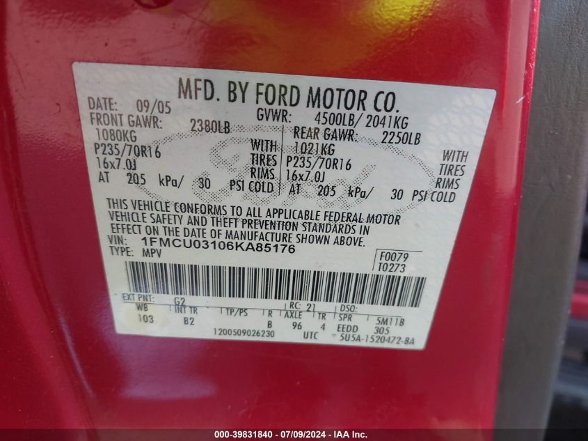 2006 Ford Escape Xlt/Xlt Sport VIN: 1FMCU03106KA85176 Lot: 39831840