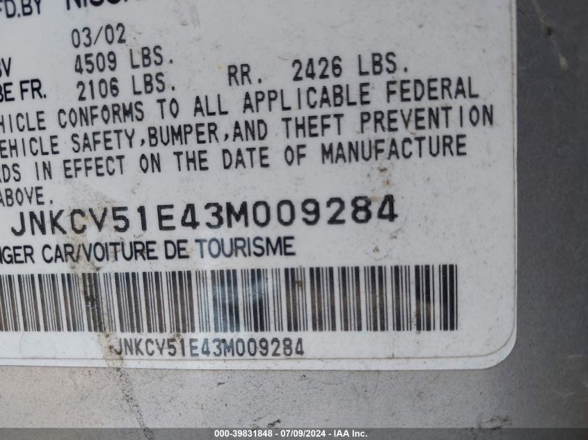 2003 Infiniti G35 Luxury Leather VIN: JNKCV51E43M009284 Lot: 39831848