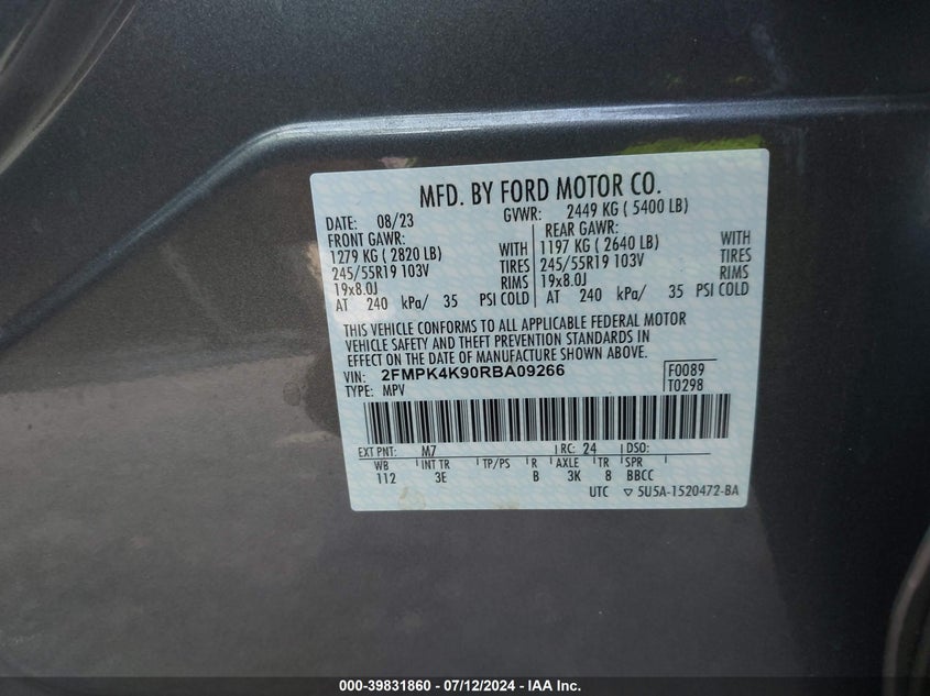 2024 Ford Edge Titanium VIN: 2FMPK4K90RBA09266 Lot: 39831860