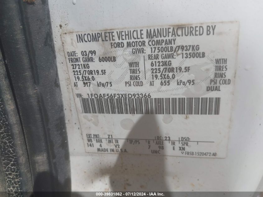 1999 Ford F550 Super Duty VIN: 1FDAF56F3XED93366 Lot: 39831862