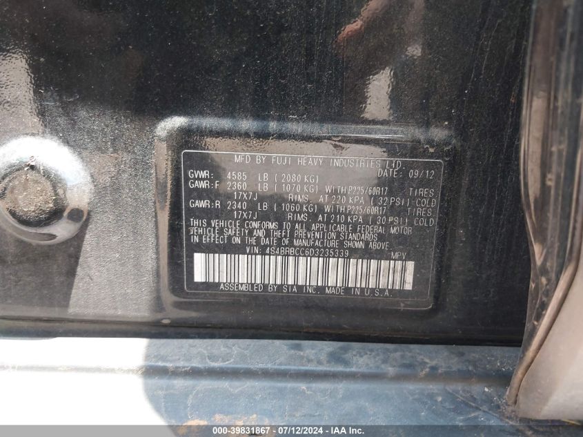 2013 Subaru Outback 2.5I Premium VIN: 4S4BRBCC6D3235339 Lot: 39831867