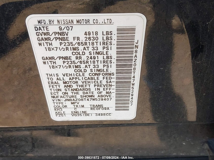 2007 Nissan Murano Sl VIN: JN8AZ08T47W529407 Lot: 39831872