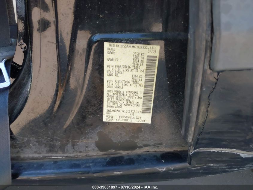 2009 Nissan Xterra S VIN: 5N1AN08U39C515210 Lot: 39831897