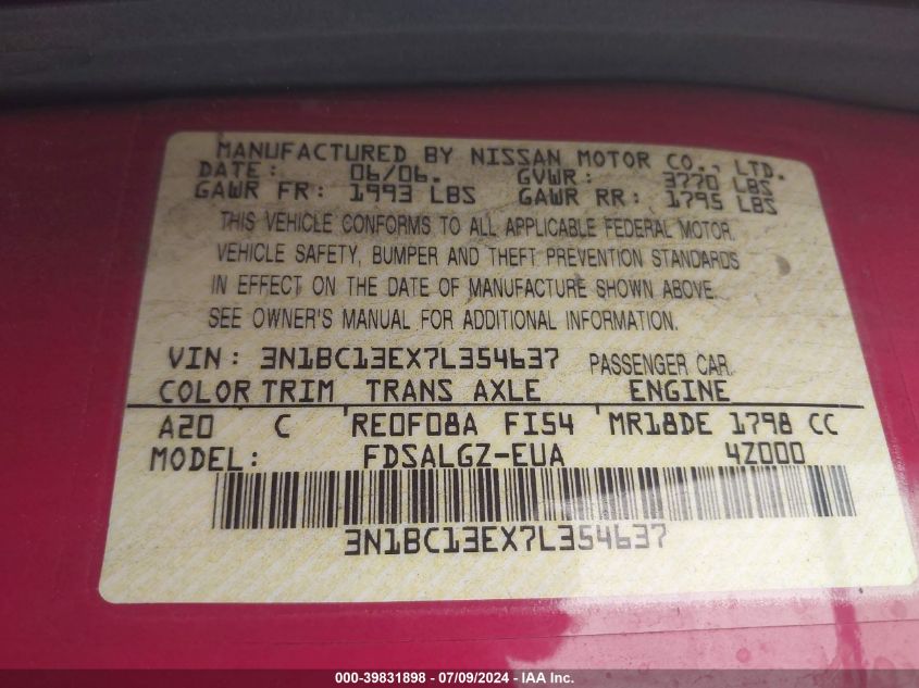 2007 Nissan Versa 1.8Sl VIN: 3N1BC13EX7L354637 Lot: 39831898