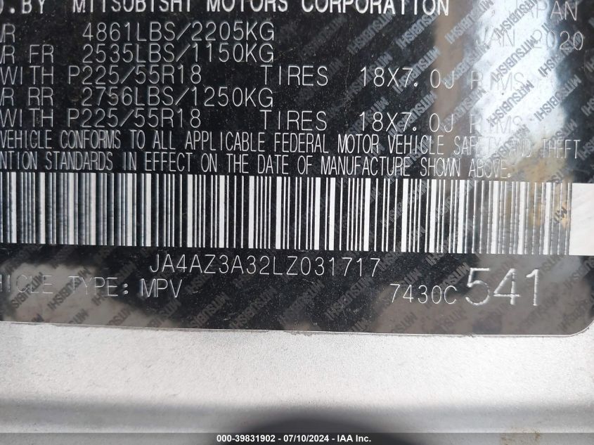 2020 Mitsubishi Outlander Es 2.4 S-Awc/Le 2.4 S-Awc/Se 2.4 S-Awc/Sel 2.4 S-Awc/Sp 2.4 S-Awc VIN: JA4AZ3A32LZ031717 Lot: 39831902