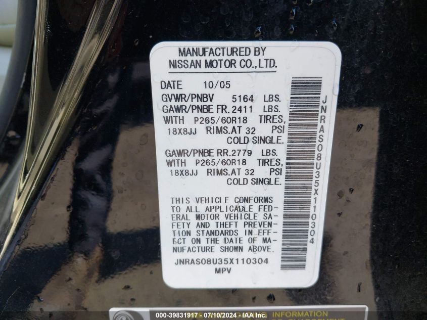 2005 Infiniti Fx35 VIN: JNRAS08U35X110304 Lot: 39831917