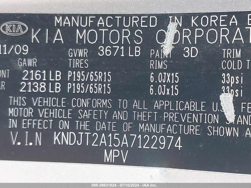 2010 Kia Soul VIN: KNDJT2A15A7122974 Lot: 39831924